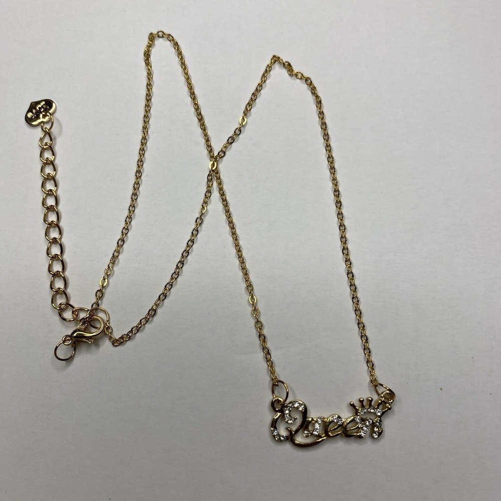 Queen Necklace Goldtone Rhinestone Crown Pendant Charm Jewelry Gift New‎ 17.5in